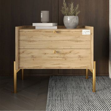 Тумба прикроватная LION Wood с двумя ящиками Дуб Артизан (золотые ножки) (LION-041347)