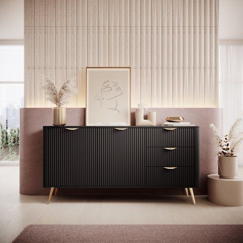 Комод Perfect Home Ланте/Lante 2-дверный с 3 ящиками и золотыми ножками 2D3S/163 Черный (PFH-091191)