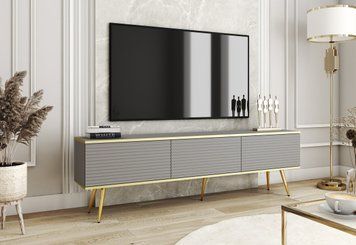 Тумба под телевизор Perfect Home Оро/Oro 3-дверная с золотыми ножками RTV175 MDF Серый (PFH-091342)