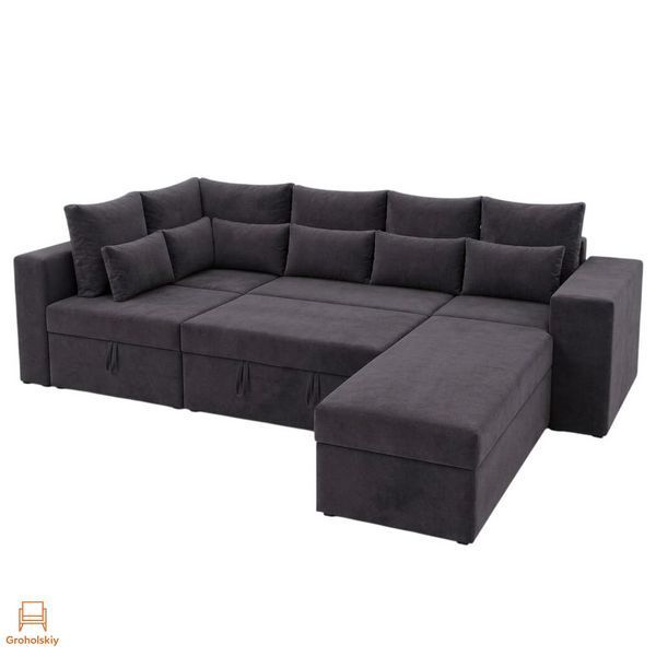 Угловой ортопедический диван Мекко Chester II 3400&times;1800 + пуф 1340&times;680 Bonel Standart Hard Plus II категория Allure Premium Dark Grey (MEK-161698)