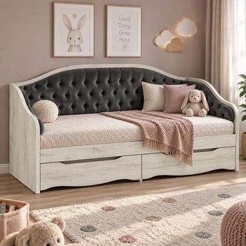 Кровать детская односпальная LION Л-9 с мягкой спинкой и выдвижными ящиками 190x90 см. Дуб крафт белый/Лили-02 (бежевый) (LION-045760)