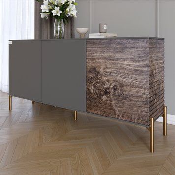Комод закритий у вітальню на золотих металевих ніжках LION Грей 154x38x76,5 см Антрацит/Дерево (LION-041833), Антрацит/Дерево