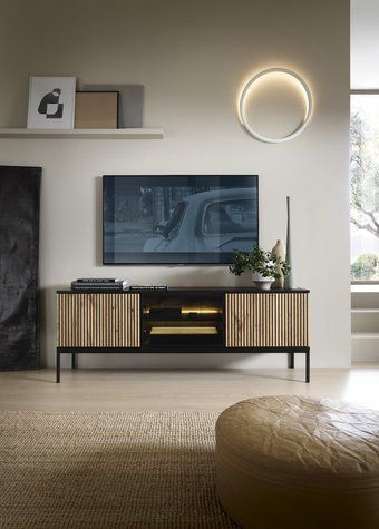 Тумба под ТВ с подсветкой Perfect Home Сенто / Sento RTV154 3-дверная Черный/дуб вотан (PFH-091485)