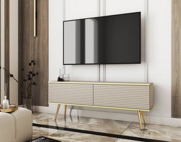 Тумба под телевизор Perfect Home Оро/Oro 2-дверная с золотыми ножками RTV135 MDF Бежевый (PFH-091331)
