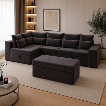 Угловой ортопедический диван Мекко Chester II 3400&times;1800 + пуф 1340&times;680 Gold II категория Allure Premium Dark Grey (MEK-161708)