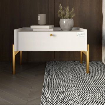 Тумба приліжкова LION Wood з однією шухлядою Німфея Альба (білий) (золоті ножки) (LION-041326), Нимфея альба (білий)