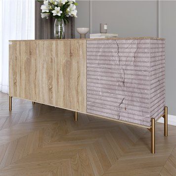 Комод закритий у вітальню на золотих металевих ніжках LION Грей 154x38x76,5 см Дуб сонома/Камінь (LION-041857), Дуб сонома/Камень